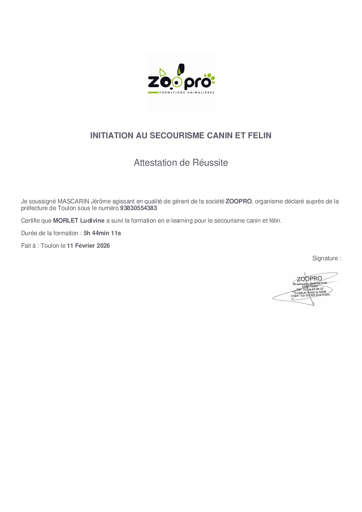 attestation formation 1er secours