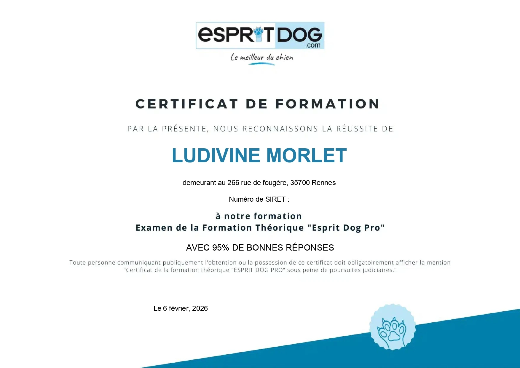 Certificat de la formation théorique esprit dog pro